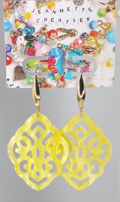 Jeannette-Creatief® - Resin – Ruit Barok - Gele Oorbellen - Resin Oorbellen – Oorbellen Geel - Gouden Oorbellen - Oorbellen - Oorhangers - Oorbellen Dames - Oorhaakjes - Pasen - Lente