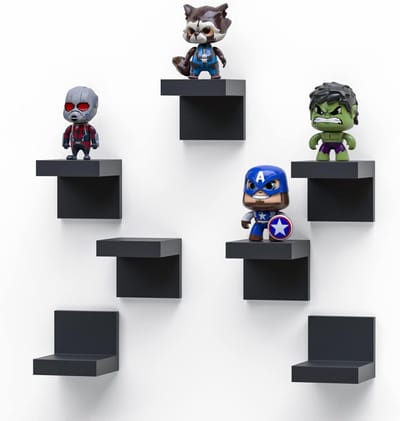 Set van 7 Kleine Zwevende Planken voor de Muur, 10cm Plastic Display Randen voor Decoratie, Compacte Wandplank met 2 Installatiemogelijkheden - Zwart