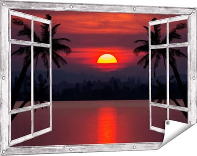 Gards Tuinposter Doorkijk Zonsondergang op het Strand met Palmbomen - 120x80 cm - Tuindoek - Tuindecoratie - Wanddecoratie buiten - Tuinschilderij