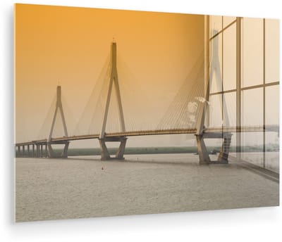 ® Glasschilderij 180x120 cm - Schilderij acrylglas - Een oranje gekleurde lucht boven de Yueyang brug in de Chinese stad Yueyang - Foto op glas - Muurdecoratie woonkamer - Wanddecoratie slaapkamer - Schilderijen