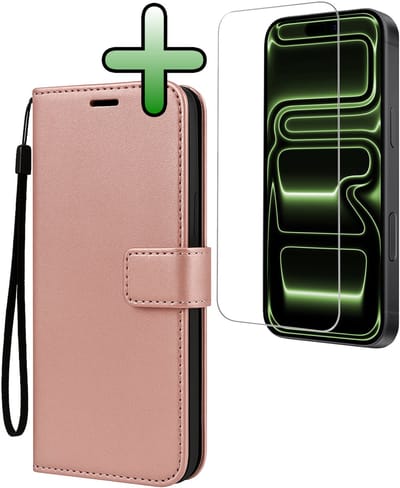 Hoesje Met Screenprotector - Geschikt voor Apple iPhone 17 Pro - Luxe Pasjeshouder - Bookcase Portemonee - Flip Case - Kunstleer Book Case - Flipcase - Book Cover - Walletcase - Portemonneehoes - Rosé goud