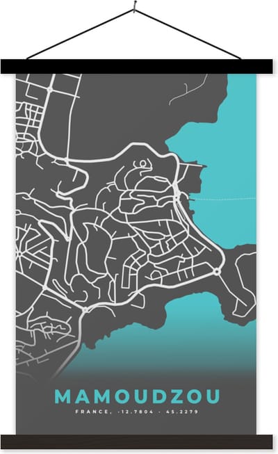Posterhanger incl. Poster 40x60 cm - Schoolplaat - Frankrijk - Stadskaart - Mamoudzou - Kaart - Plattegrond - Textielposter - Zwarte latten - Stadskaart