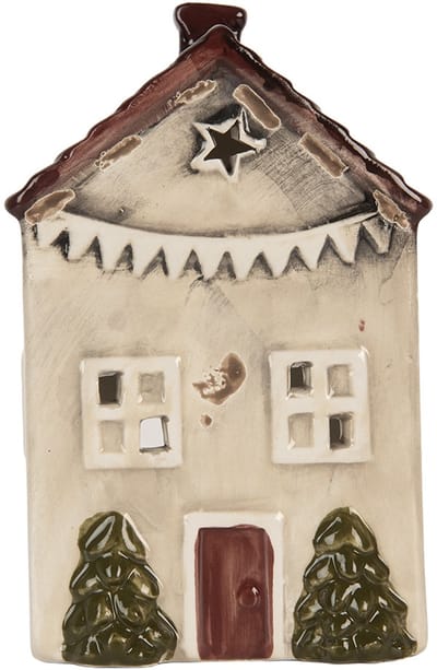 Clayre & Eef Waxinelichthouder Huis 10x8x15 cm Beige Keramiek
