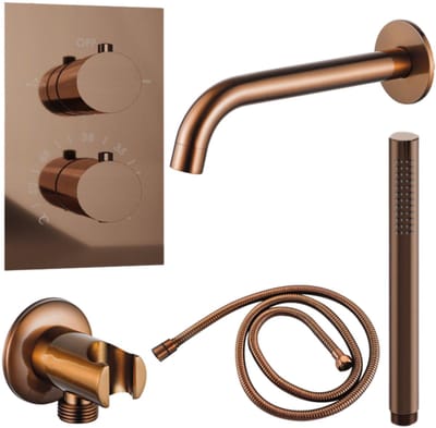 FugaFlow Eccelente Acces Badkraan set - uitloop - 22cm inkortbaar - metalen slang - staafhanddouche - inbouwdeel - wandhouder - geborsteld koper PVD