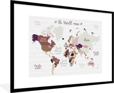 Poster in lijst - Fotolijst 90x60 cm - Posters - Wereldkaart - Bruin - Simpel - Posterlijst zwart - Decoratie - Wanddecoratie woonkamer - Muurdecoratie slaapkamer