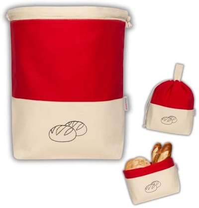 slowroom Broodzak voor het bewaren en vers houden van brood 3-in-1 – Stoffen broodmand – Broodtas van katoen – Broodtrommel 32 x 35 cm, Rood