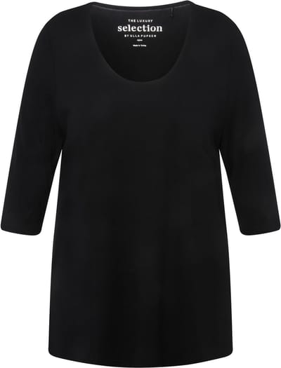 Ulla Popken - Dames - Shirt diepe ronde hals 3/4-mouw - Zwart - Maat 46+