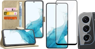 Hoesje geschikt voor Samsung Galaxy S22 - Book Case Kunstleer Wallet Cover Portemonnee Pasjeshouder Hoes Goud - Full Tempered Glass Screenprotector - Camera Lens Protector