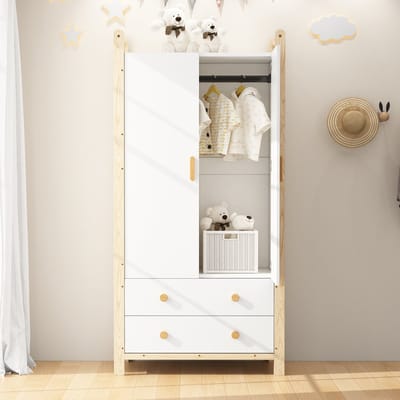 Kledingkast - 90x45x180 cm - 2 Deuren met Roede en 2 Lades - Spaanplaat en Grenen - Wit