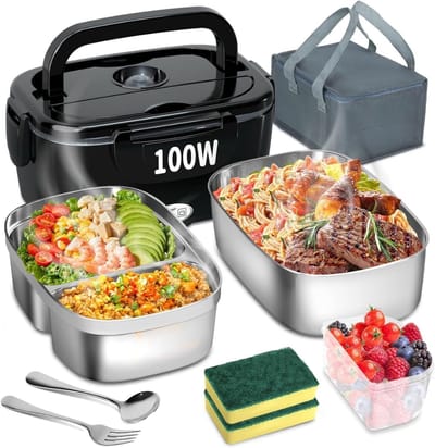 Florixa® Elektrische Lunchbox - Lunchbox Elektrisch - Broodtrommel Elektrisch - 3 in 1 - 1.5L- Zwart - 26cm x 19cm x 14cm