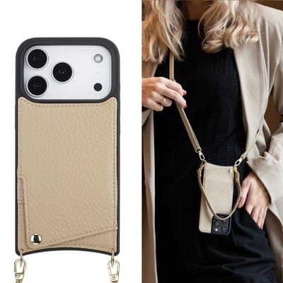 Selencia Hoesje - Geschikt voor Apple iPhone 17 Pro - Backcover met koord en pashouder - Beige