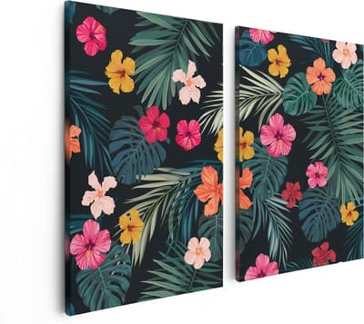 Artaza Canvas Schilderij Tweeluik Getekende Tropische Bloemen - Abstract - 80x60 - Foto Op Canvas - Canvas Print