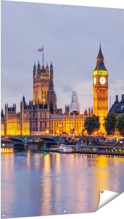 Gards Tuinposter London Big Ben en Westminster Brug - 100x150 cm - Tuindoek - Tuindecoratie - Wanddecoratie buiten - Tuinschilderij