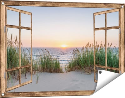 Gards Tuinposter Doorkijk Zee vanuit Duinen met Zonsondergang - 90x60 cm - Tuindoek - Tuindecoratie - Wanddecoratie buiten - Tuinschilderij
