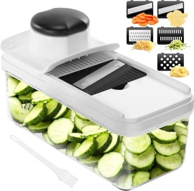 Famanu – Professionele mandolinesnijder met 5 messen, handmatige groentesnijder voor aardappel en tomaat