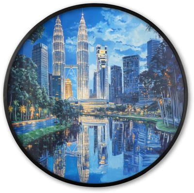 Poster in lijst Rond - Fotolijst 60x60 cm - Posters - Stad Kuala Lumpur - Skyline - Wolkenkrabbers - Water - Ronde posterlijst zwart - Decoratie - Wanddecoratie woonkamer - Muurdecoratie slaapkamer