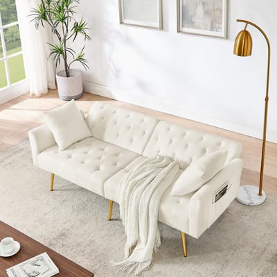 DESMIU Slaapbank 177 Cm - 2 Zits Met 3 Standen Verstelbare Rugleuning En 2 Kussens - Voor Woonkamer En Klein Appartement - Teddy Beige