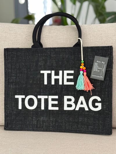 Damestas - The Tote Bag - Linnen - Zwart met witte letters - Extra Flos - 42 x 32 cm.
