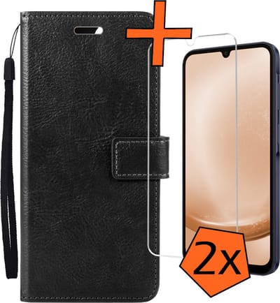 Hoes - Met 2x Screenprotector - Geschikt voor Samsung Galaxy A25 - Luxe Pasjeshouder - Bookcase Portemonee - Flip Case - Kunstleer Book Case - Flipcase Hoes - Book Cover - Walletcase - PortemonneeHoes - Zwart
