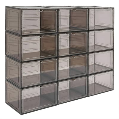 Schoenopbergboxen Stapelbaar 12 Stuks – Transparante Acryl Schoenencases – Vrijstaand – Met Magnetische Deur – Voor Sneakers en Schoenen – Zwart/Bruin