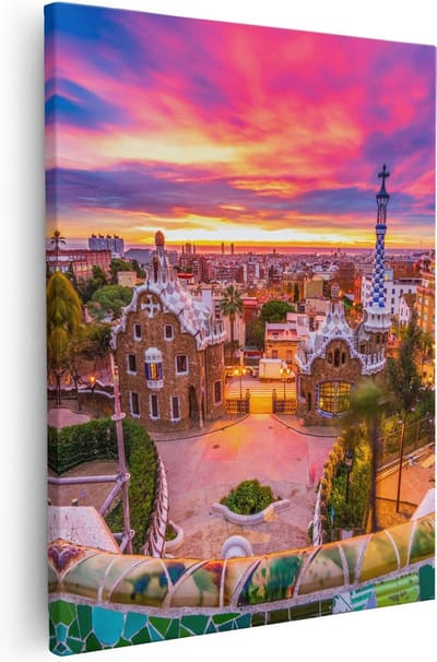 Artaza Canvas Schilderij Park Güell - 40x50 cm - Wanddecoratie Mozaiek - Muurdecoratie Zonsondergang - Kamer Accessoires Stad