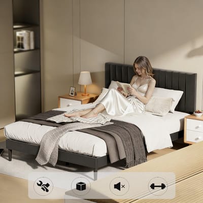 KUTAS Gestoffeerd Tweepersoonsbed 140x190 cm - Metalen Bedframe - Gestoffeerd Bed - Met Hoogte Verstelbaa Hoofdbord en Lattenbodem - Met Opbergruimte Onder Bed - Minimalistisch Bedframe - Zwart