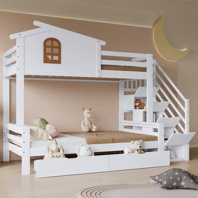 REDOM Kinderetagebed 90x200 & 120x200 cm – Wit/naturel – Met 2 lades, hoekladderkast & ramen