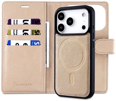 CaseMania Bookcase hoesje geschikt voor Apple iPhone 17 Pro Max - Effen Beige - Kunstleer - Fine Grain PU Leather - 2in1 Magnetisch Uitneembaar Design - Compatible met MagSafe