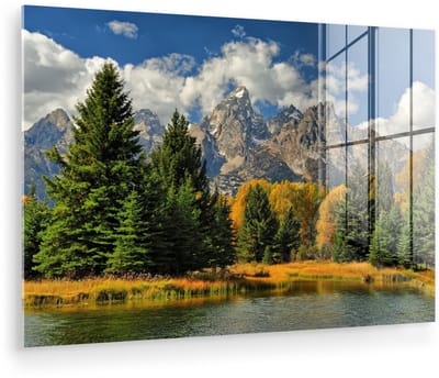 ® Glasschilderij 180x120 cm - Schilderij acrylglas - Boslandschap voor het Tetongebergte in de herfst in Wyoming - Foto op glas - Muurdecoratie woonkamer - Wanddecoratie slaapkamer - Schilderijen
