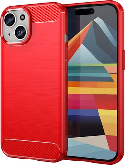 MobyDefend Hoesje - Geschikt voor iPhone 15 - TPU Backcover - Geborstelde Metaal & Carbon-Look - Rood