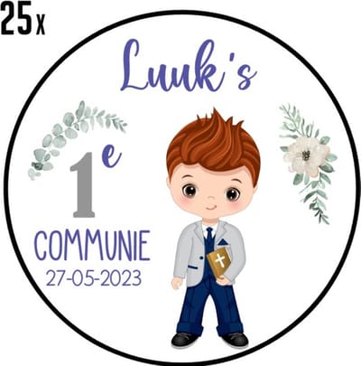 25 x Communie Stickers - Gepersonaliseerd met naam - Communie Jongen Rood haar - Feestje - Sluitstickers - Kinderfeest Traktatie - Uitnodiging - Uitdeeltraktatie - Wensetiket - Rond - 25 stuks - 40mm - Glossy sticker