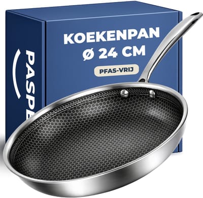 Pasper Koekenpan Ø 24 cm - PFAS & PTFE vrij - Inductie, Elektrisch, Keramisch & Gas - RVS Honingraat Anti-Aanbakpan