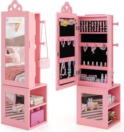 COSTWAY Sieradenkast voor kinderen, 3-in-1 spiegelkast met full-body spiegel en kledingstandaard, sieradenstandaard met haken en legplanken, sieradenorganizer voor meisjes vanaf 3 jaar (roze)