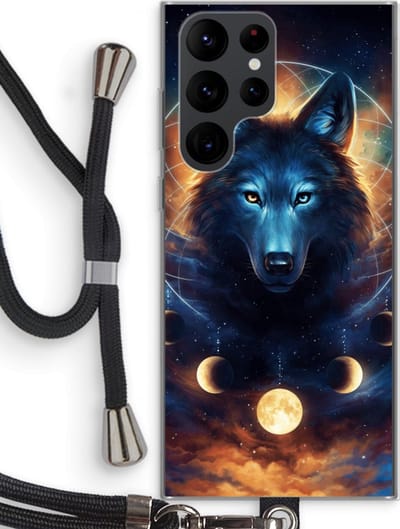 Case Company® - Hoesje met koord geschikt voor Samsung Galaxy S22 Ultra hoesje met Koord - Wolf Dreamcatcher - Telefoonhoesje met Zwart Koord - Bescherming aan alle Kanten en Over de Schermrand