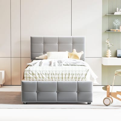 DESMIU Gestoffeerd Kinderbed 90x200 cm – Hydraulische Opbergruimte – Verstelbaar Hoofdbord – Eenpersoonsbed Voor Kinderkamer – Fluweel – Grijs – Zonder Matras