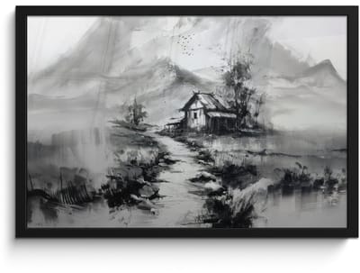 Poster in lijst - Fotolijst 60x40 cm - Posters - Hut - Grijs - Bergen - Mistig - Posterlijst zwart - Decoratie - Wanddecoratie woonkamer - Muurdecoratie slaapkamer