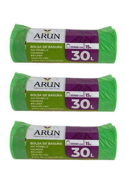 Arun Pedaalemmerzakken 30L Groen – 15 Stuks (15U) – 55x60 cm – Sterke Vuilniszakjes 3 stuks