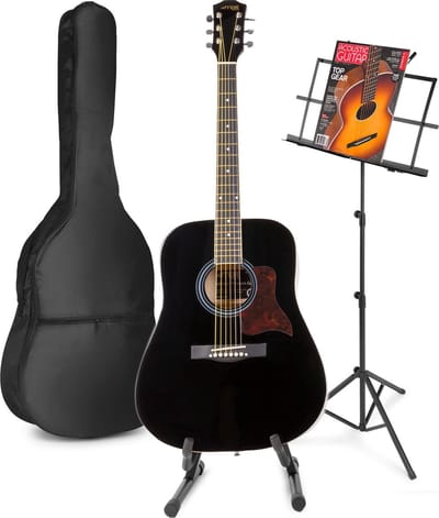 Akoestische gitaar voor beginners - MAX SoloJam Western gitaar 4/4 - Incl. gitaar standaard, muziekstandaard, gitaar stemapparaat, gitaartas en 2x plectrum - Zwart