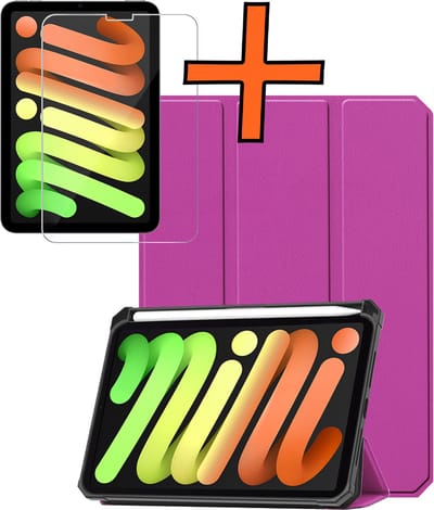 Hoesje - Geschikt voor Apple iPad Mini 7 (2024) - 8.3 inch - 7e Generatie - Met Screenprotector - Trifold Bookcase - Hard Cover Case - Met Uitsparing Geschikt voor Apple Pencil - Hardcover Book - Tablet Hoes - Paars