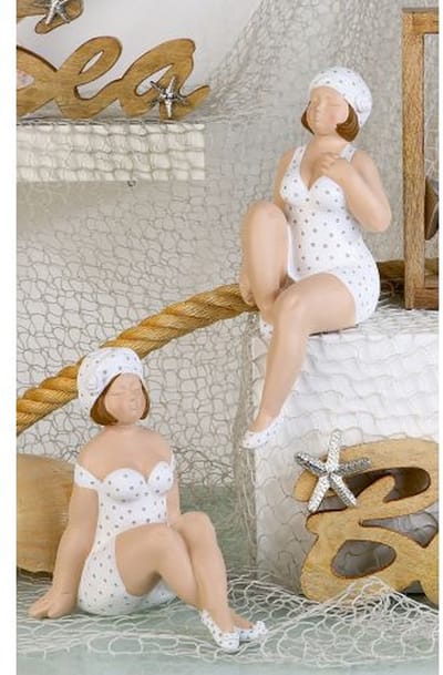 Badgasten Beeldjes Set van 2 - "Becky" Dames in Wit Badpak met Stipjes - Decoratieve Randzitter Vintage Badjuffrouwen - Polyresin - 31 cm hoog