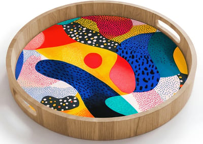 Dienblad rond 40x40 cm - Schootdienblad hout - Vormen - Abstract - Stippels - Blauw - Borrelplank rechthoek - Plateau houten dienbladen