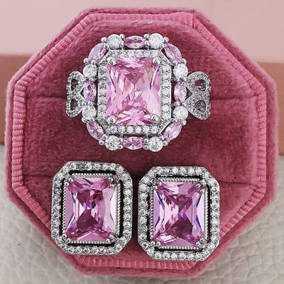 Trendy Luxe Grote Roze 925 Sterling Zilveren Sieradenset Oorbellen Ringen voor Vrouwen Bruiloft Kerstfeest Cadeau 6 white