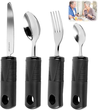 Ergonomisch Antislip Bestek voor Senioren en Gehandicapten, Dikke Handgreep, Roestvrij Staal, Ideaal voor Parkinson en Artritis, 4 Stuks