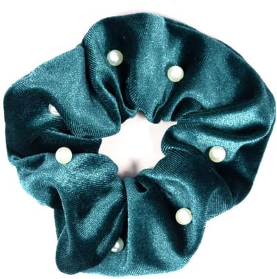 STUDIO Ivana Scrunchie parels zeegroen - Fluwelen scrunchie met kraaltjes groen/blauw - Velvet haarwokkel zeegroen