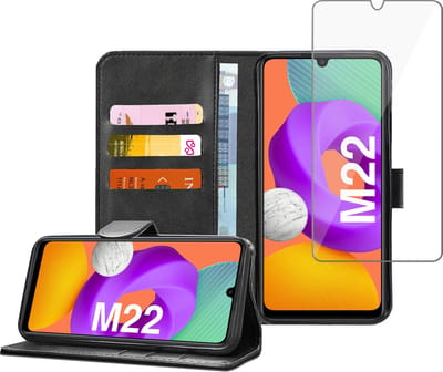 Geschikt voor Samsung M22 Book Case Hoesje - Screenprotector - Flip Portemonnee Zwart met Screen Cover Tempered Glas