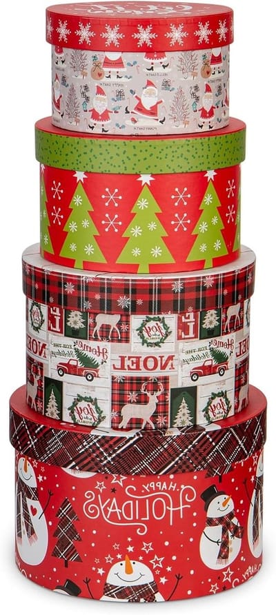 Set van 4 ronde cadeauverpakkingen, kerstcadeau dozen, opbergdozen met deksel, karton, decoratieve geschenkdozen