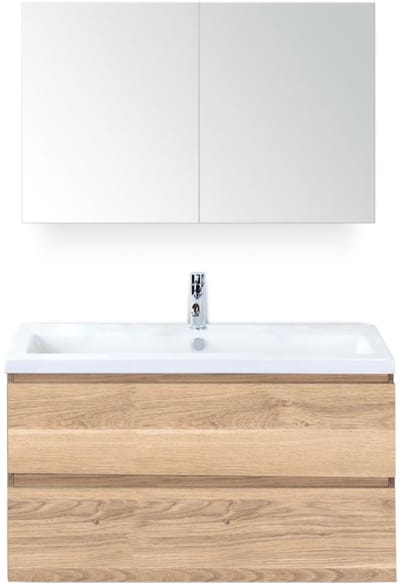 Vogue Badmeubelset 100 cm - Greeplijst in Kleur - Grey Oak - Keramische Wastafel Wit 1 Kraangat met Spiegelkast