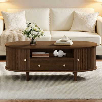 Salontafel - 100x50x36 cm - Met Lade En Open Opbergruimte - Roldeur - MDF - Walnootkleur