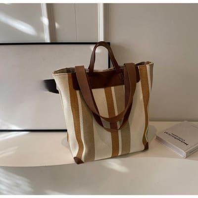 Nieuwe Stijl Mode Contrast Gestreepte Canvas Commuting Hand Draagtas Trendy Oksel Schoudertas