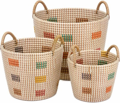 zeegras mandenset 3 stuks, handgeweven opbergmanden uit Vietnam met handgrepen, boho wasmand, speelgoedmand en dekenmand 45L/29L/20L